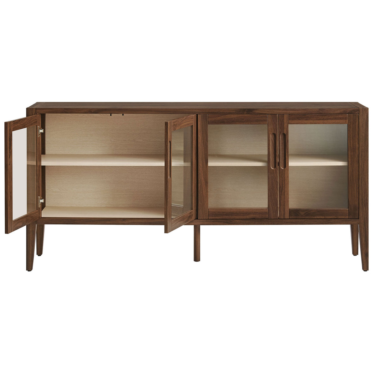 Walnut cabinet with glass doors opened to reveal adjustable interior storage shelves || EEI-7319-WAL-ASH || front_open_studio