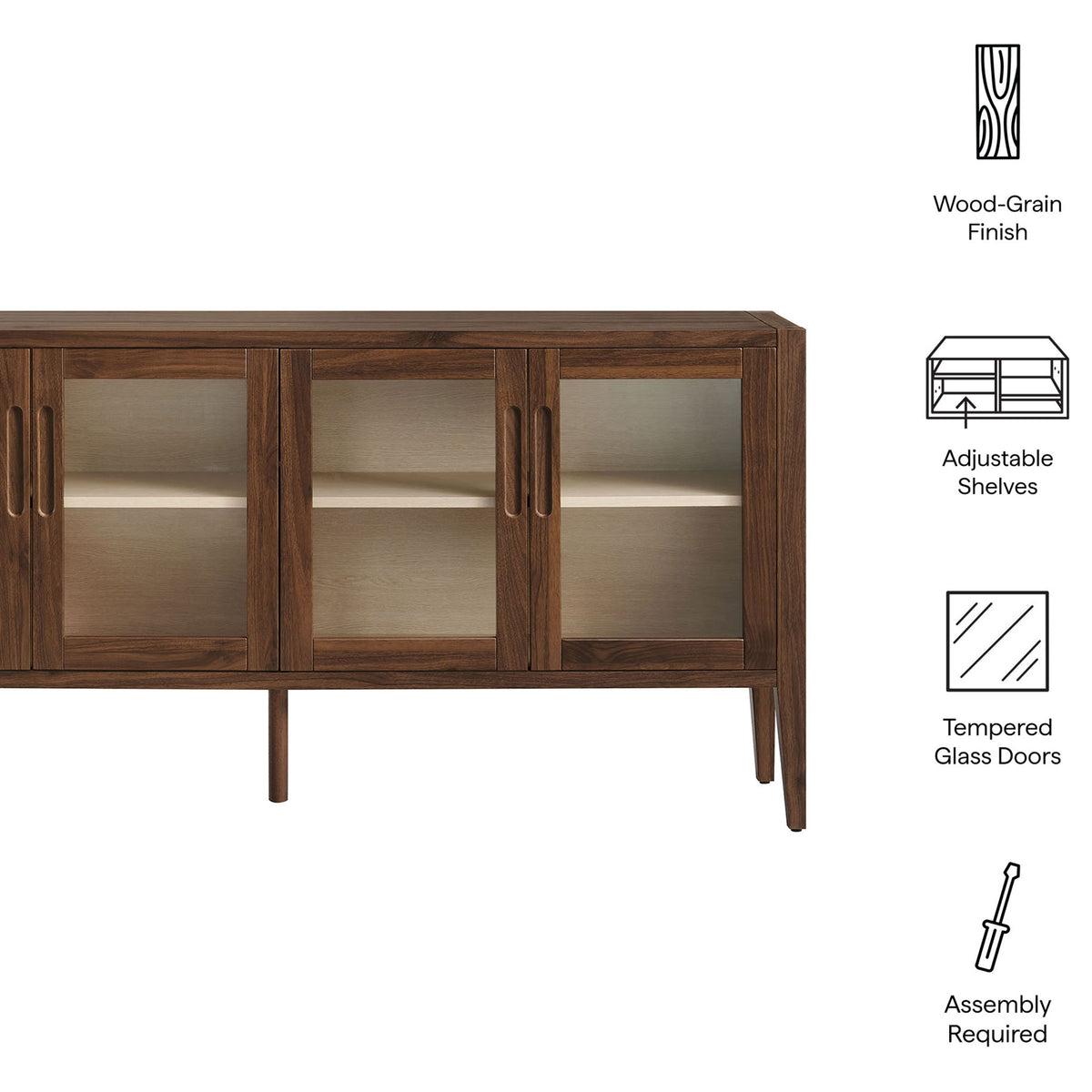 Sideboard with wood-grain finish, adjustable shelves, tempered glass doors, and assembly required || EEI-7319-WAL-ASH || callout_studio