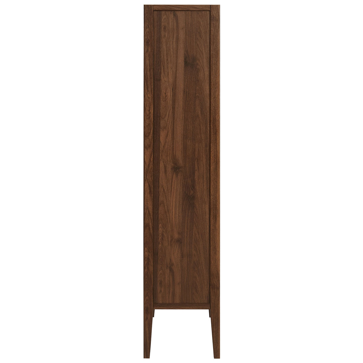 Slim-profile walnut storage cabinet accentuating the vertical wood-grain panels and clean, modern silhouette || EEI-7320-WAL-ASH || side_studio