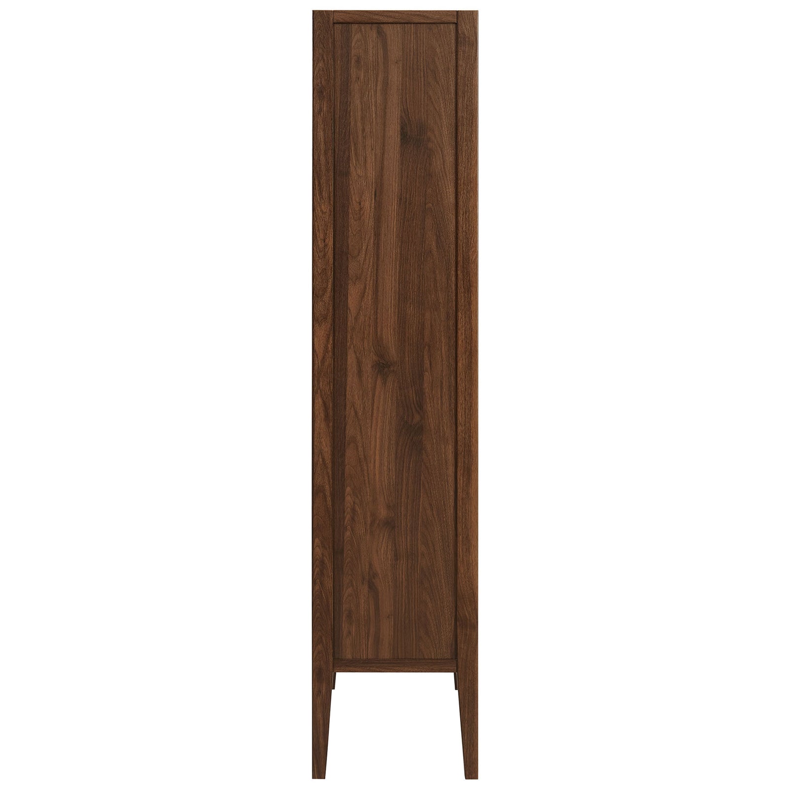 Slim-profile walnut storage cabinet accentuating the vertical wood-grain panels and clean, modern silhouette || EEI-7320-WAL-ASH || side_studio