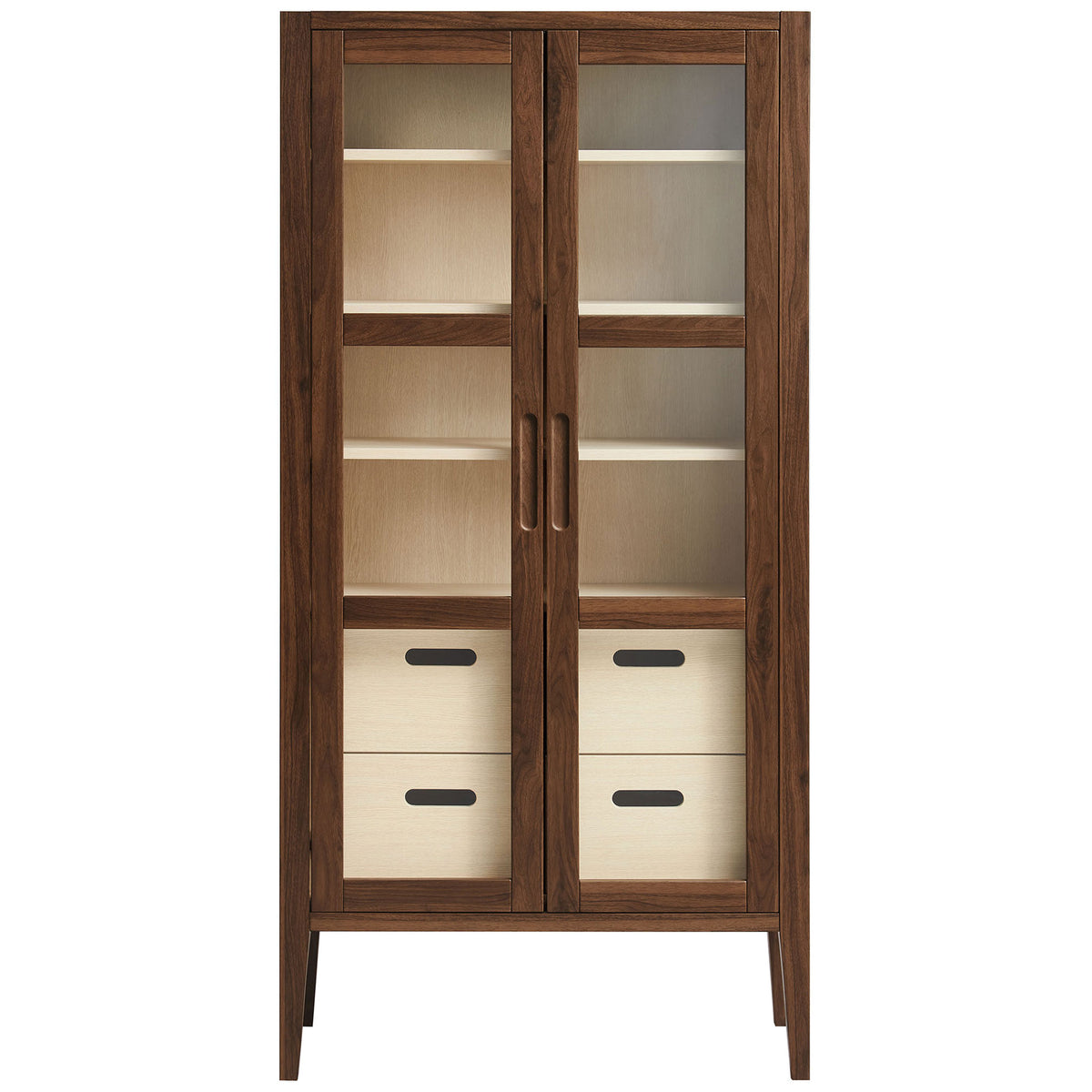 Tall walnut display cabinet with dual glass doors, four shelves, and four lower drawers for concealed storage || EEI-7320-WAL-ASH || front_studio