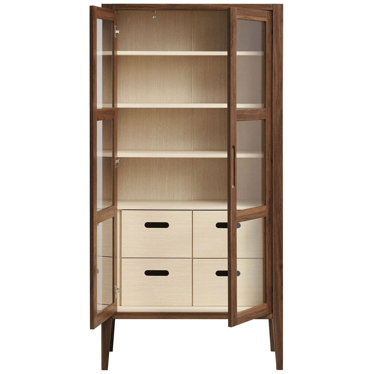 Nell cabinet with glass doors open to reveal adjustable shelves and generous storage space for dinnerware and decor || EEI-7320-WAL-ASH || front_open_studio
