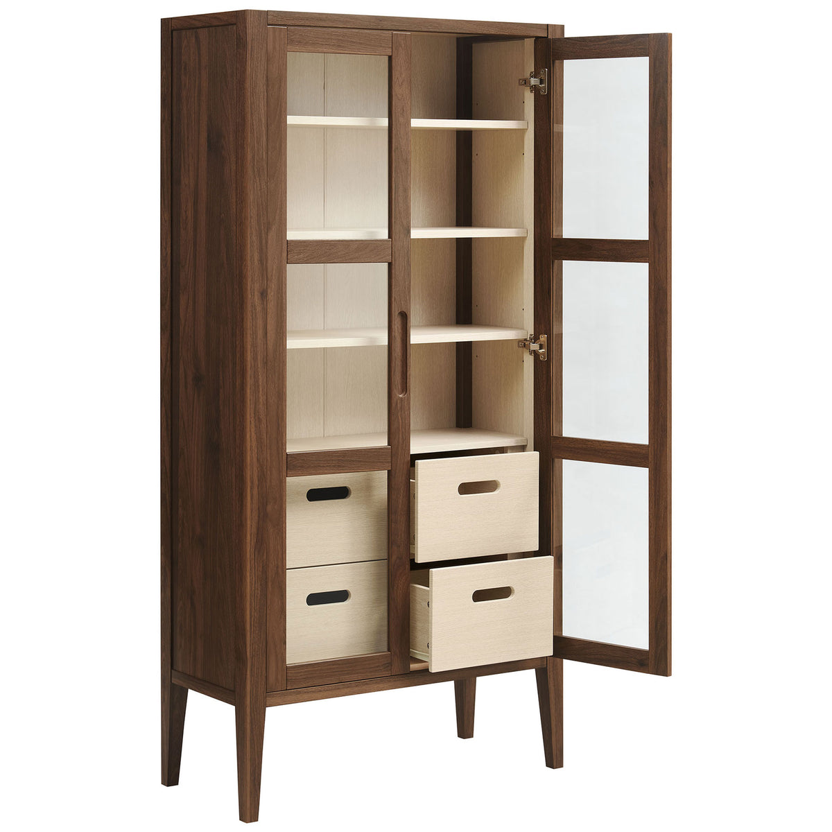 Nell tall cabinet with doors and drawers open, showcasing versatile shelf space and pull-out drawer storage || EEI-7320-WAL-ASH || front_angle_open_studio