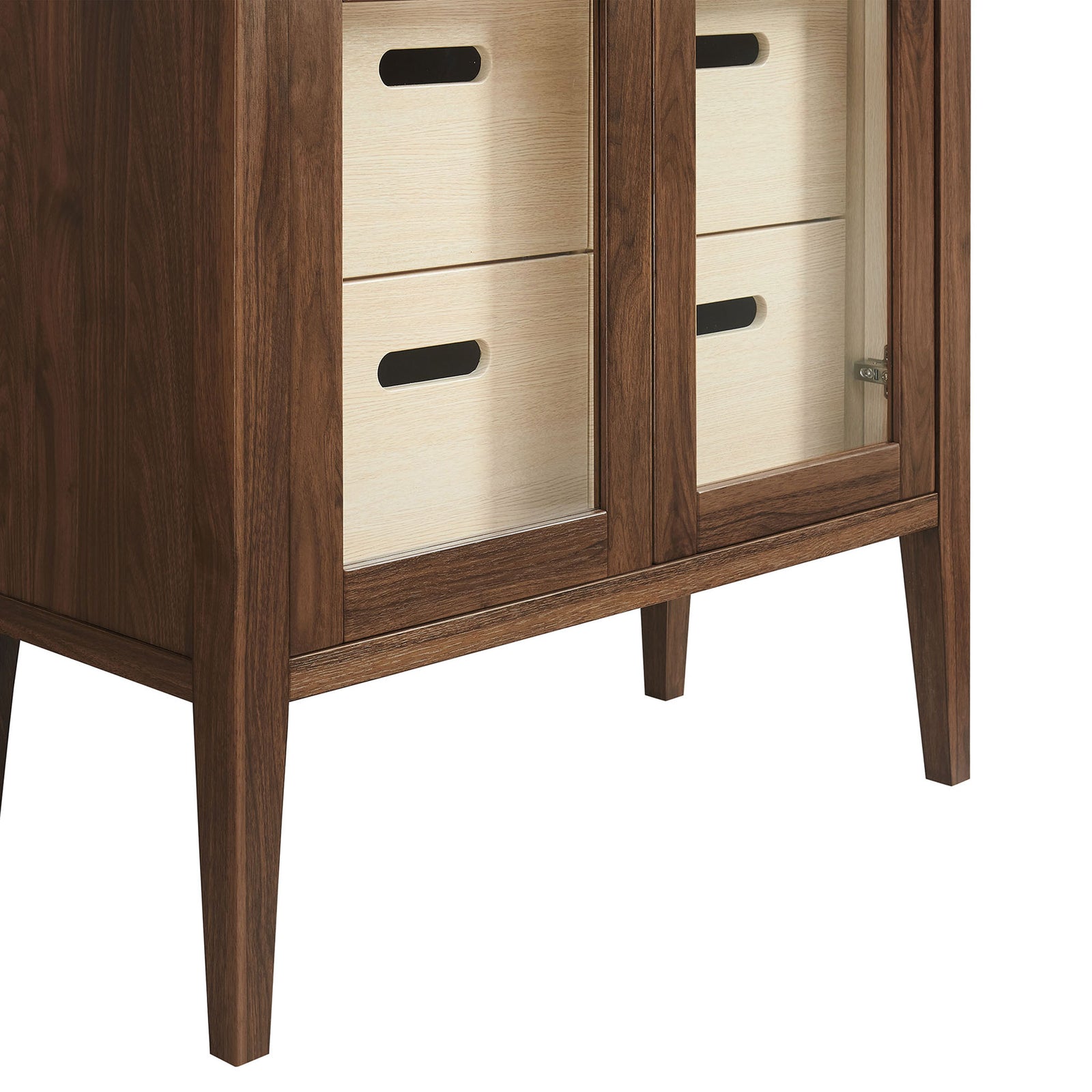 Sturdy tapered legs and light-toned drawer fronts on the walnut Nell tall display cabinet || EEI-7320-WAL-ASH || leg_studio
