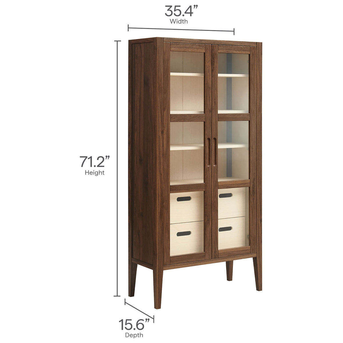 Dimensions of the Nell tall cabinet showing 35.4 inch width, 15.6 inch depth, and 71.2 inch height in walnut finish || EEI-7320-WAL-ASH || dimension_studio