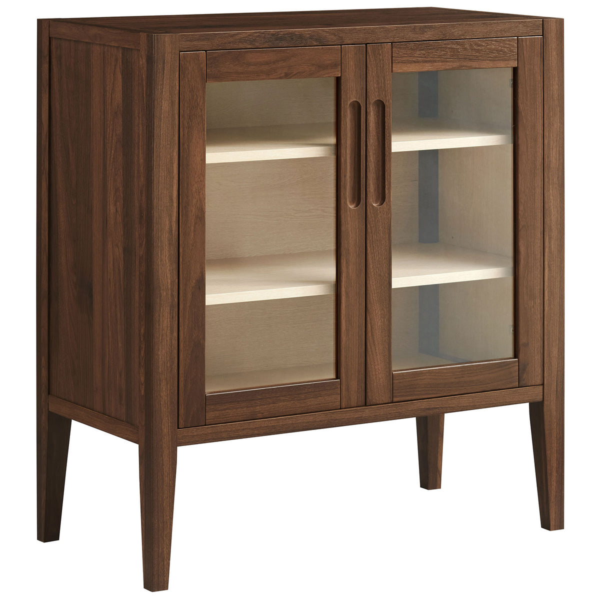 Mid-century walnut accent cabinet with glass doors, beveled frame, and slim tapered legs for an elevated look || EEI-7321-WAL-ASH || front_angle_studio