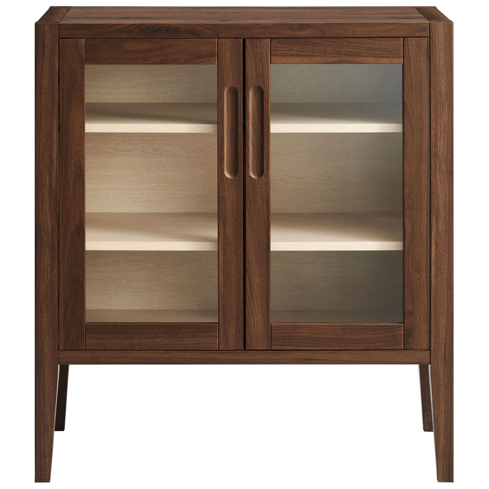 Walnut wood-grain accent cabinet with dual glass doors and adjustable shelves for versatile display storage || EEI-7321-WAL-ASH || front_studio
