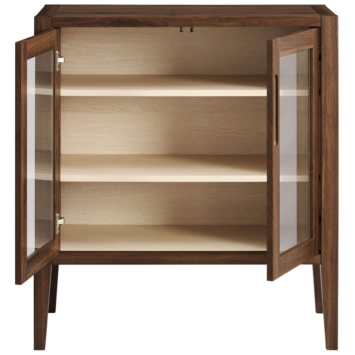 Walnut accent cabinet showcasing spacious interior shelves behind open glass doors for organized storage || EEI-7321-WAL-ASH || front_open_studio