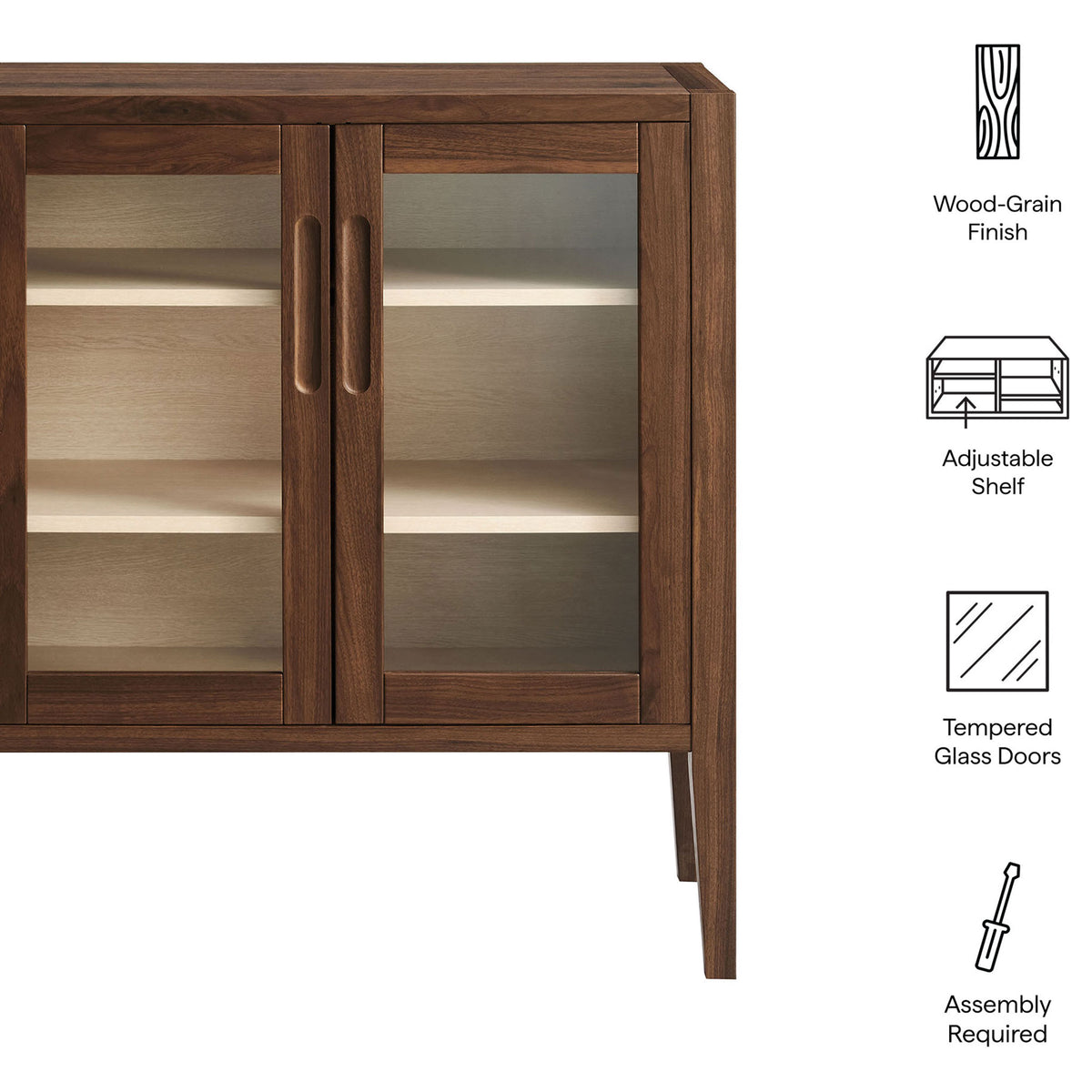 Key features of the Nell walnut accent cabinet including wood-grain finish, tempered glass doors, and adjustable shelf || EEI-7321-WAL-ASH || callout_studio