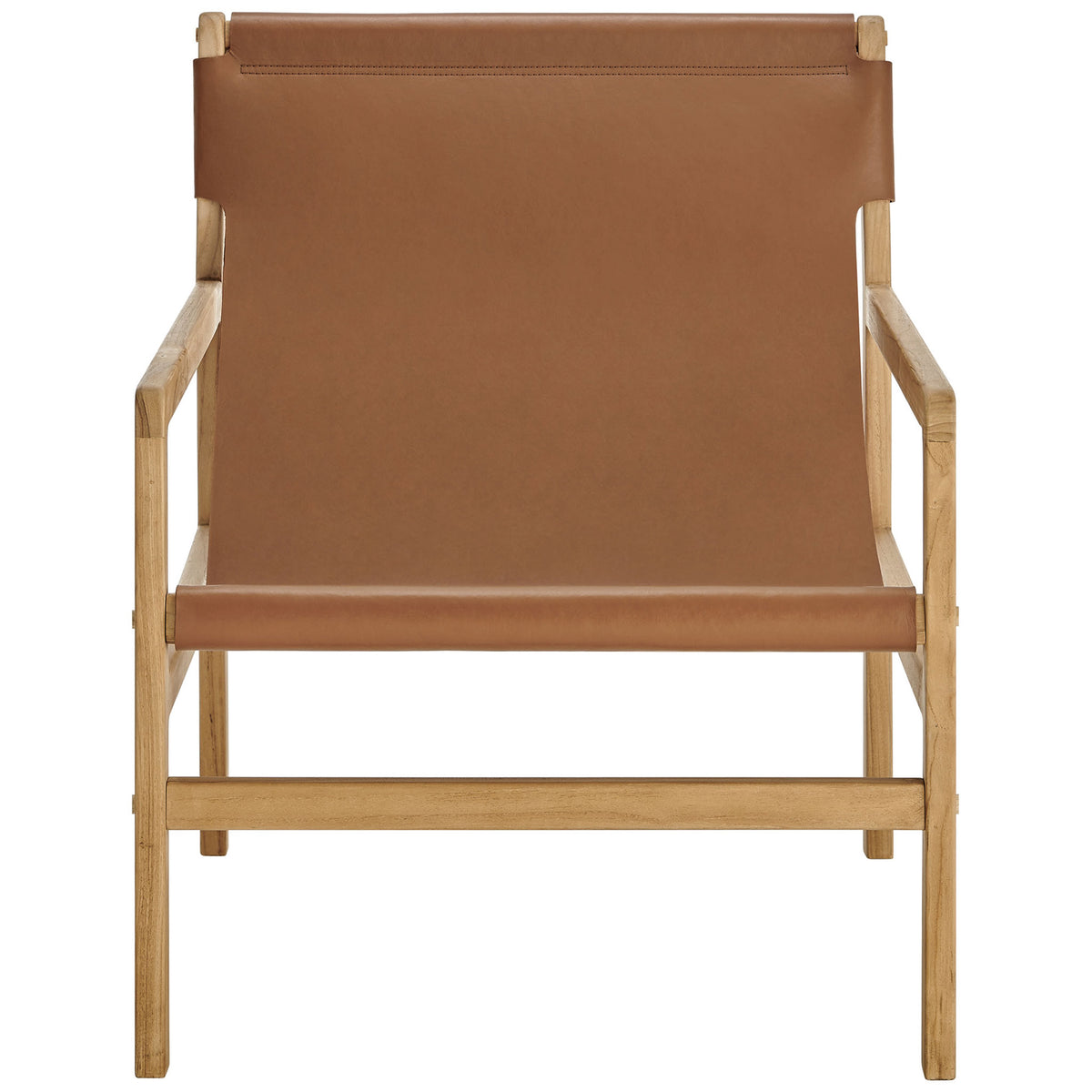 Sculptural leather sling chair with wide arms and natural teak frame || EEI-7324-CSN || front_studio