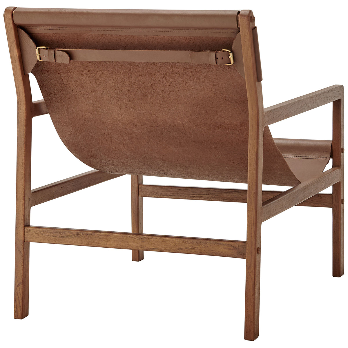 Sling back with brass buckle accents and a sturdy teak stretcher bar for lasting support || EEI-7324-NUT || back_angle_studio