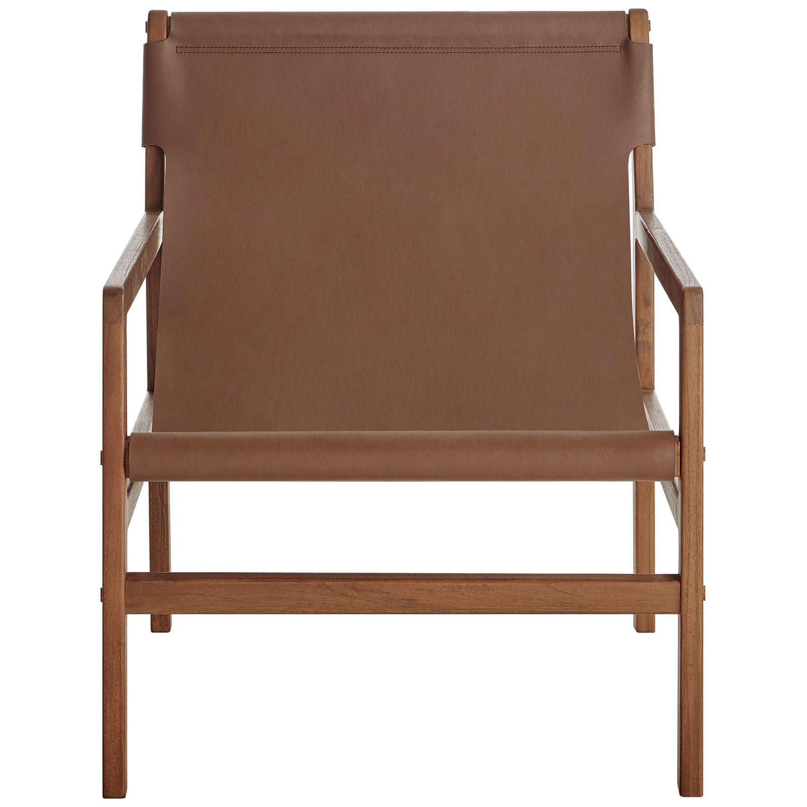 Clean-lined lounge chair with nutmeg leather sling and natural teak wood arms || EEI-7324-NUT || front_studio