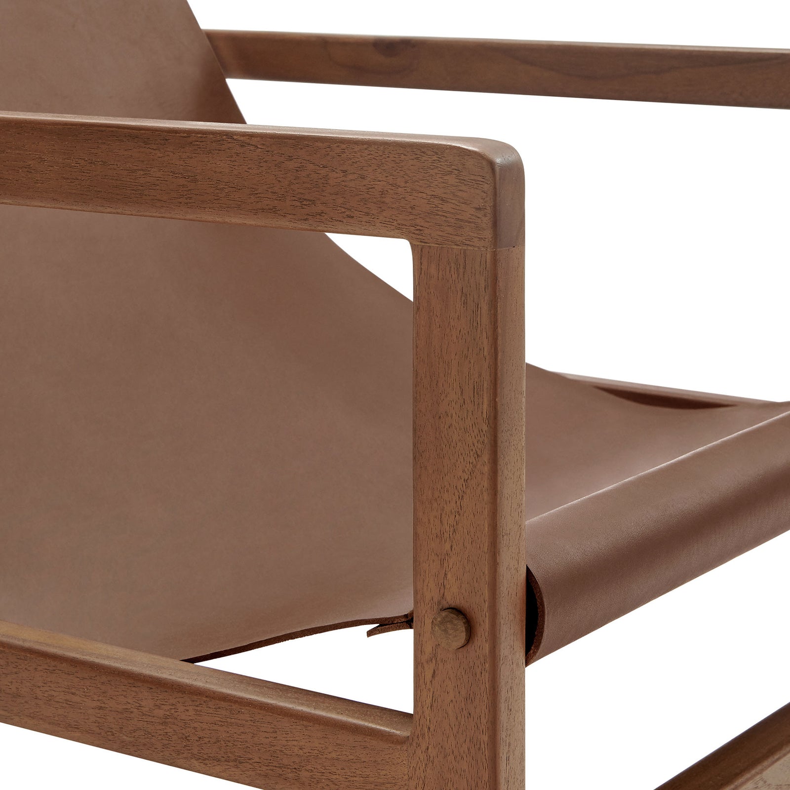 Smooth teak armrests and rich leather sling seat deliver warm, modern texture || EEI-7324-NUT || detail_studio