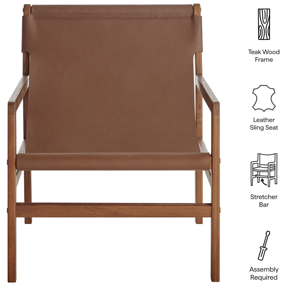 Teak frame, leather sling seat, and support stretcher for a modern, durable lounge chair || EEI-7324-NUT || callout_studio