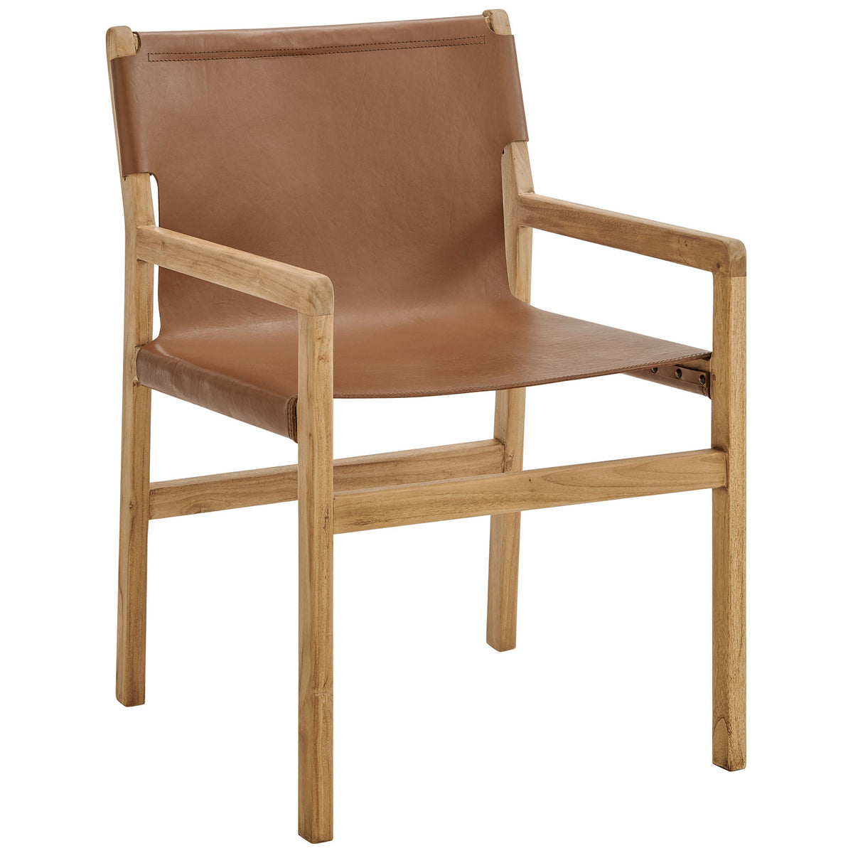 Sling-style leather seat and backrest showcasing warm chestnut tone over natural teak frame || EEI-7325-CSN || front_angle_studio