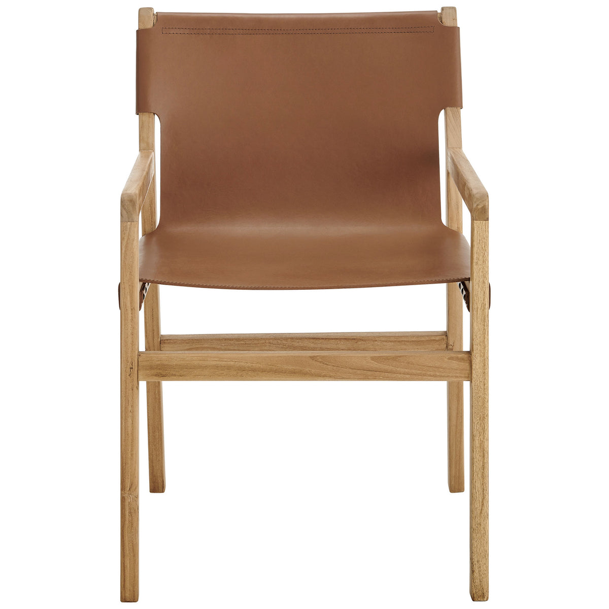 Sonora chestnut leather dining chair with slim teak wood frame and comfortable armrests || EEI-7325-CSN || front_studio