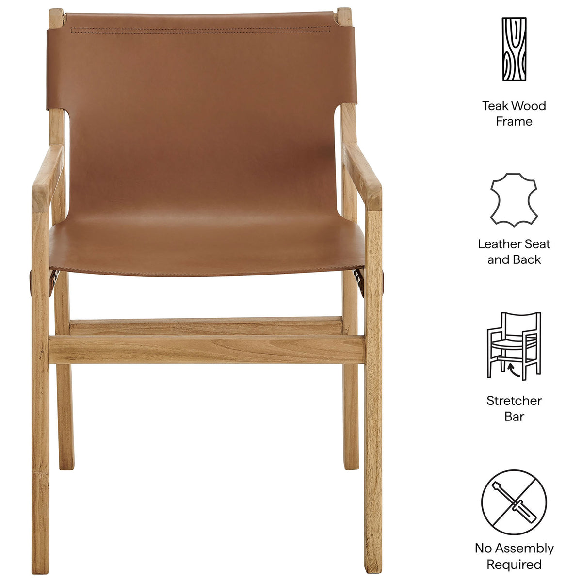Sonora dining chair with icons highlighting teak frame, leather seat, stretcher bar, and no assembly || EEI-7325-CSN || callout_studio