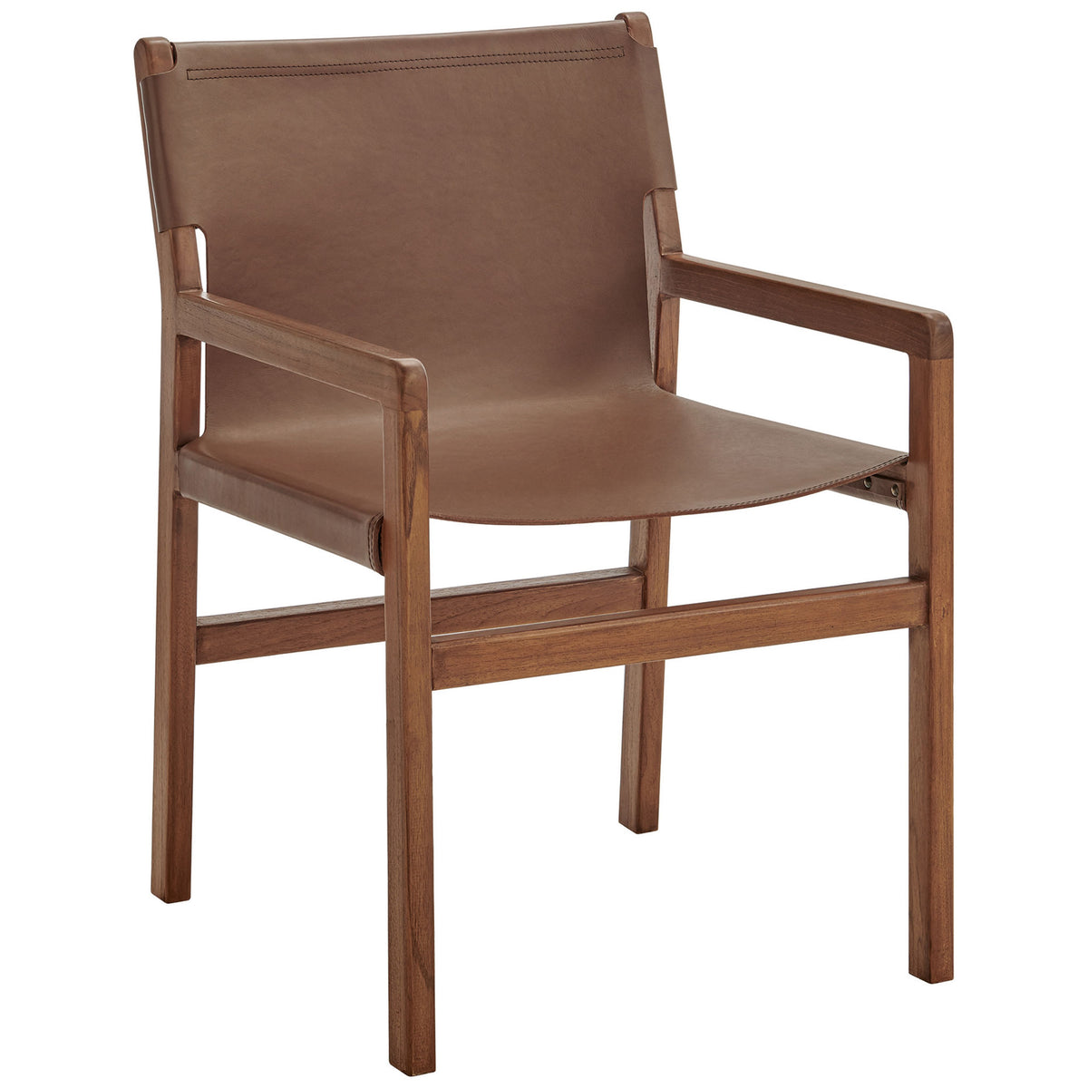Sonora nutmeg brown leather dining chair with solid teak frame and gently curved arms. || EEI-7325-NUT || front_angle_studio