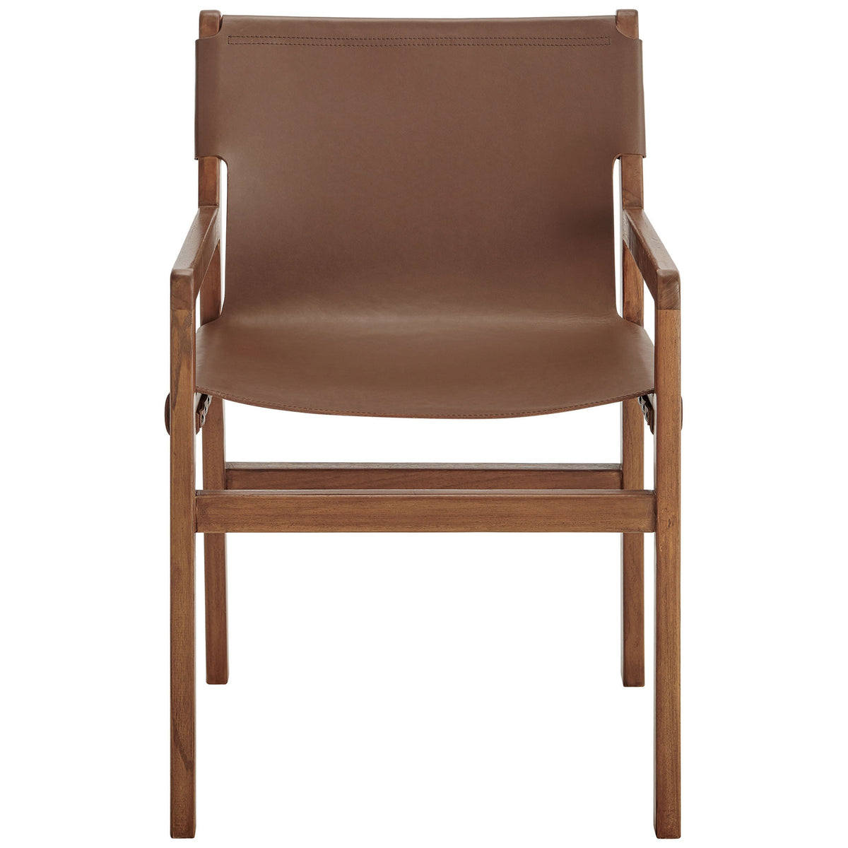 Sonora nutmeg brown leather dining chair with wide seat and clean-lined solid teak frame. || EEI-7325-NUT || front_studio