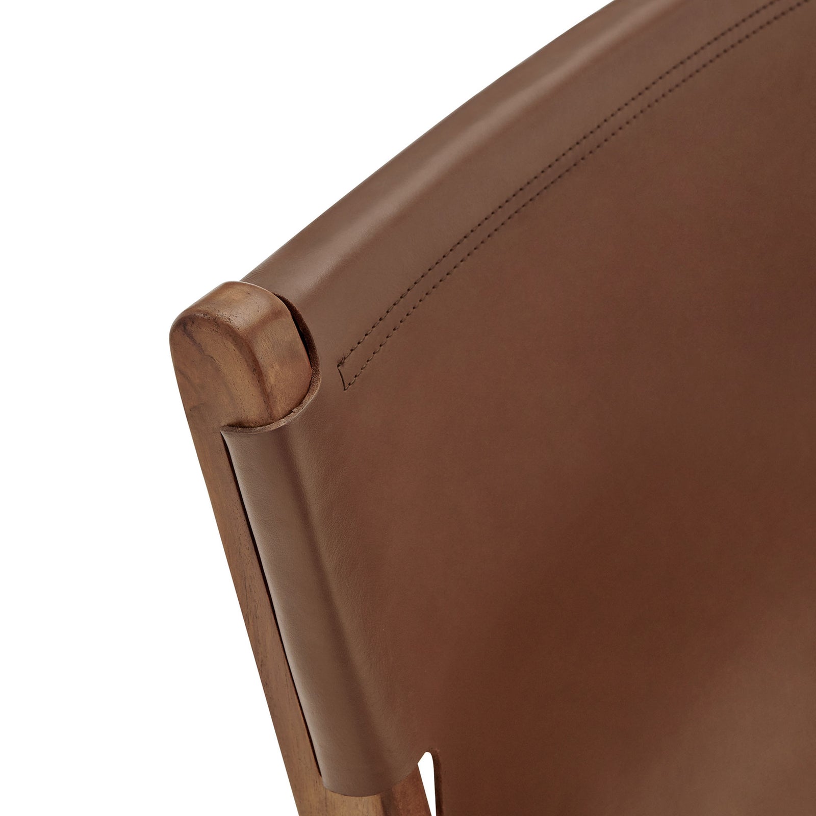 Leather backrest of Sonora chair wrapped over teak rail with refined top stitching detail. || EEI-7325-NUT || detail_studio