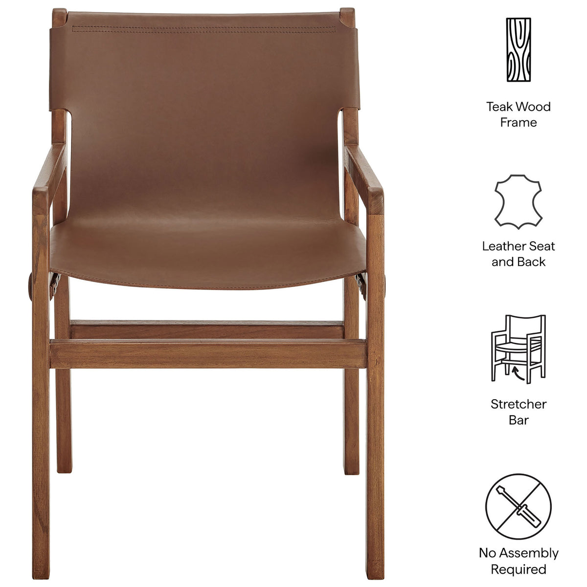 Sonora dining chair with icons highlighting teak wood frame, leather seat and back, and stretcher bar. || EEI-7325-NUT || callout_studio
