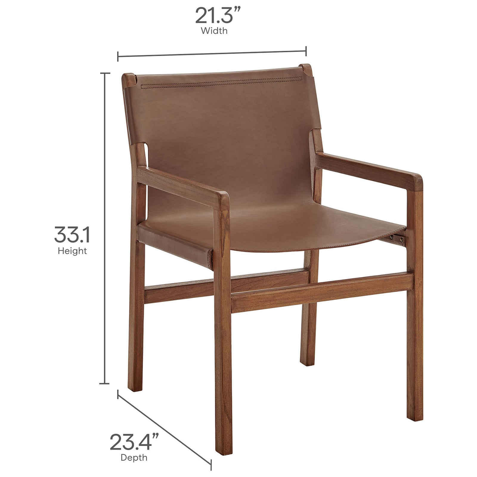 Sonora leather dining chair shown with width, depth, and height dimensions for easy room planning. || EEI-7325-NUT || dimension_studio