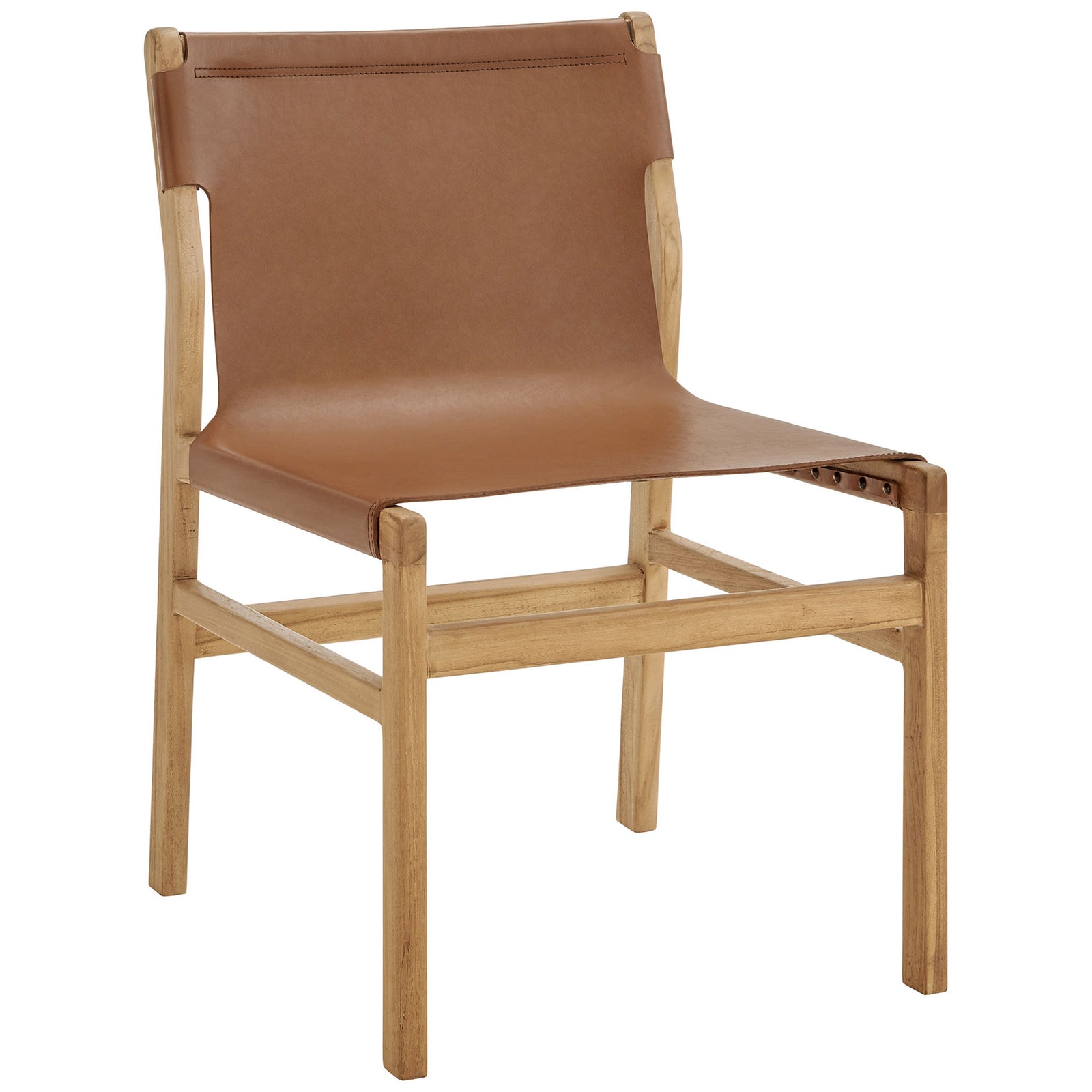 Chestnut leather dining chair with sculpted teak frame and sling-style seat for modern warmth || EEI-7326-CSN || front_angle_studio