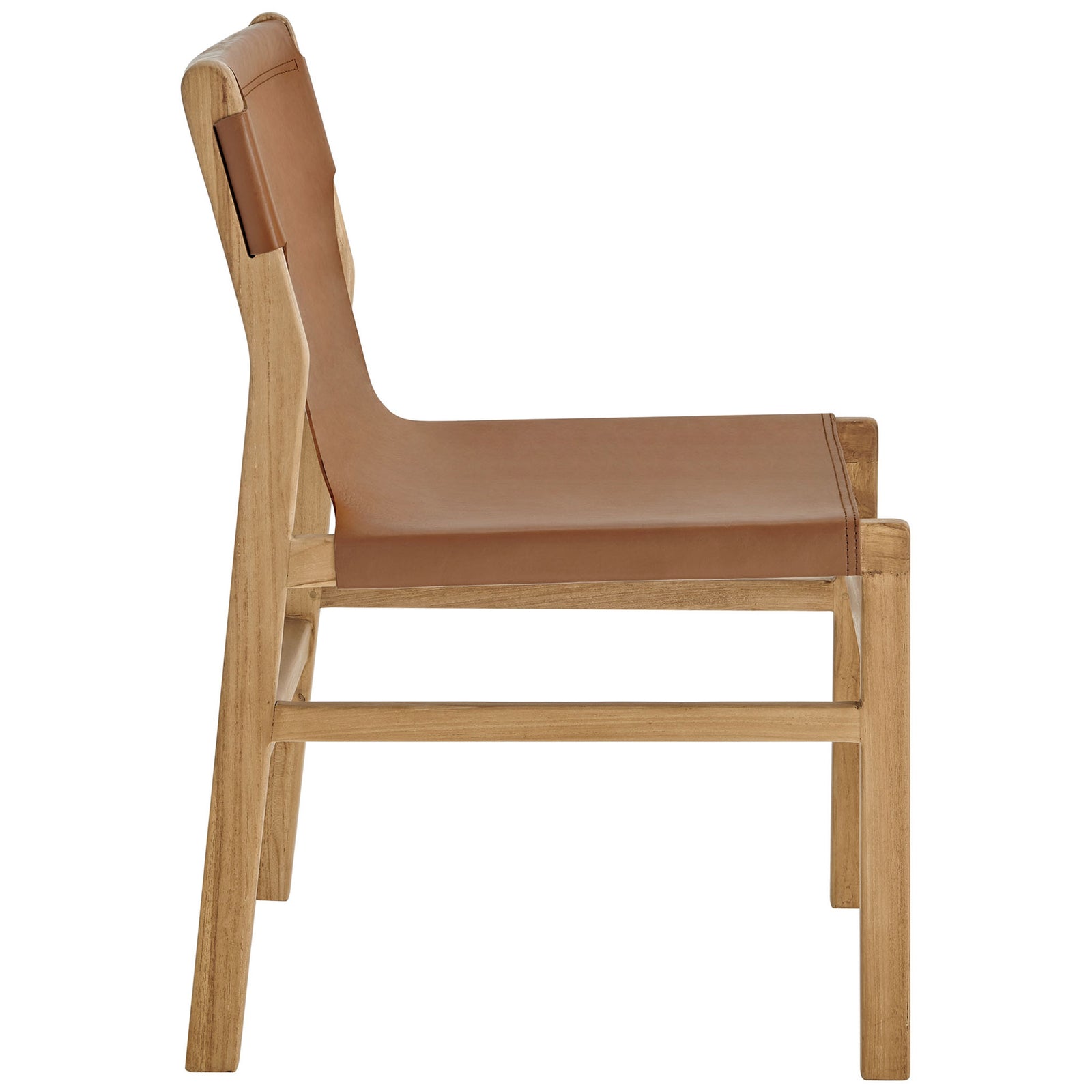 Slim-profile leather dining chair showcasing the gentle curve of the teak frame and supportive seat || EEI-7326-CSN || side_studio