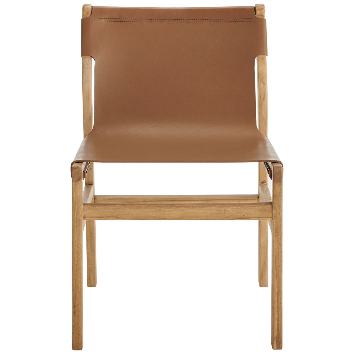Leather dining side chair with sling seat and clean-lined teak frame for a sculptural modern look || EEI-7326-CSN || front_studio