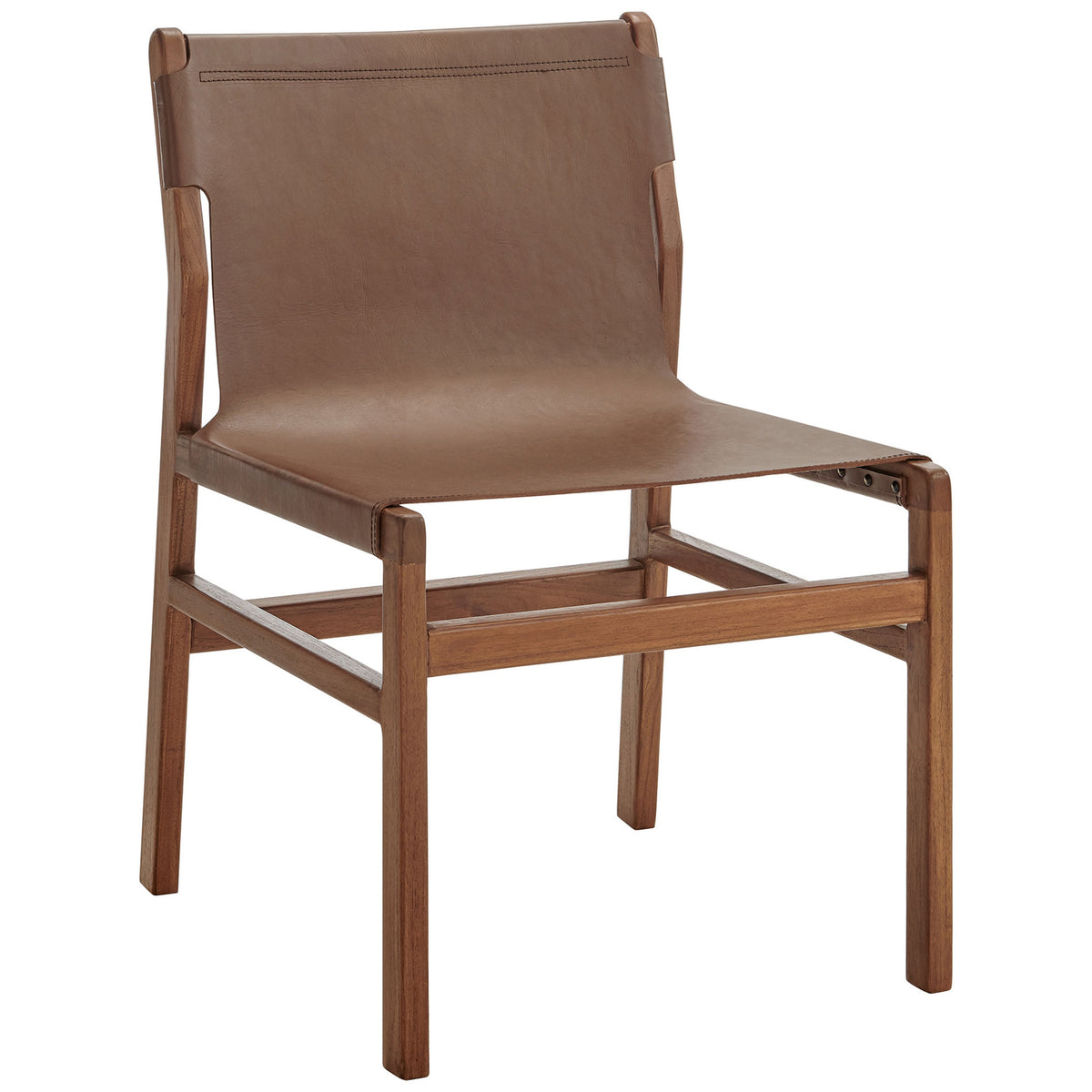 This leather sling dining chair showcases open teak base and smooth nutmeg brown seat || EEI-7326-NUT || front_angle_studio
