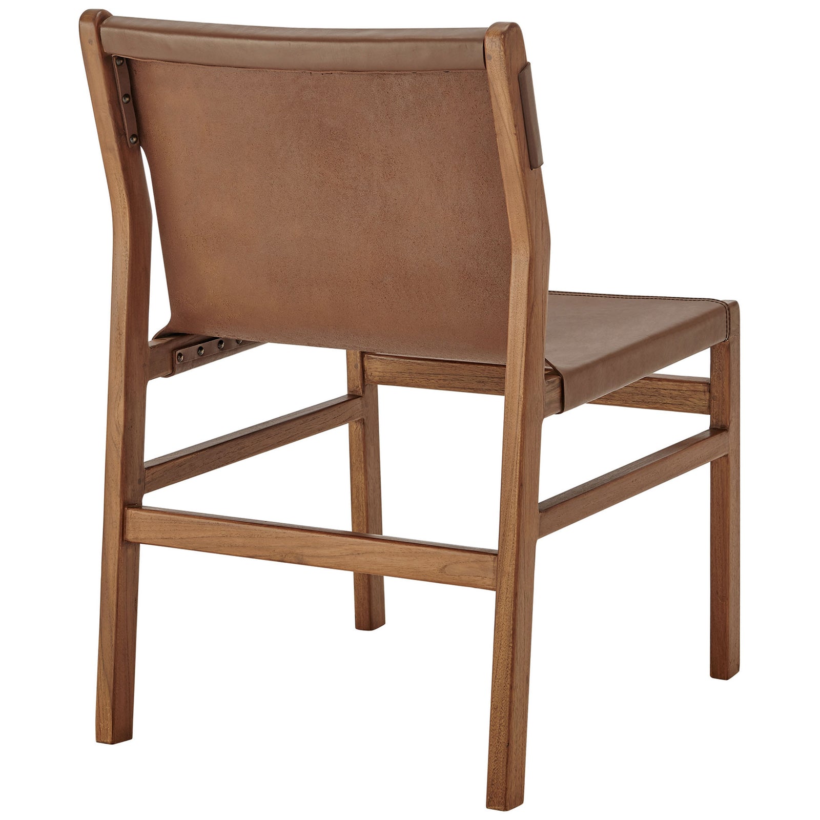 Wrapped leather seat and back are supported by a sturdy teak wood frame || EEI-7326-NUT || back_angle_studio