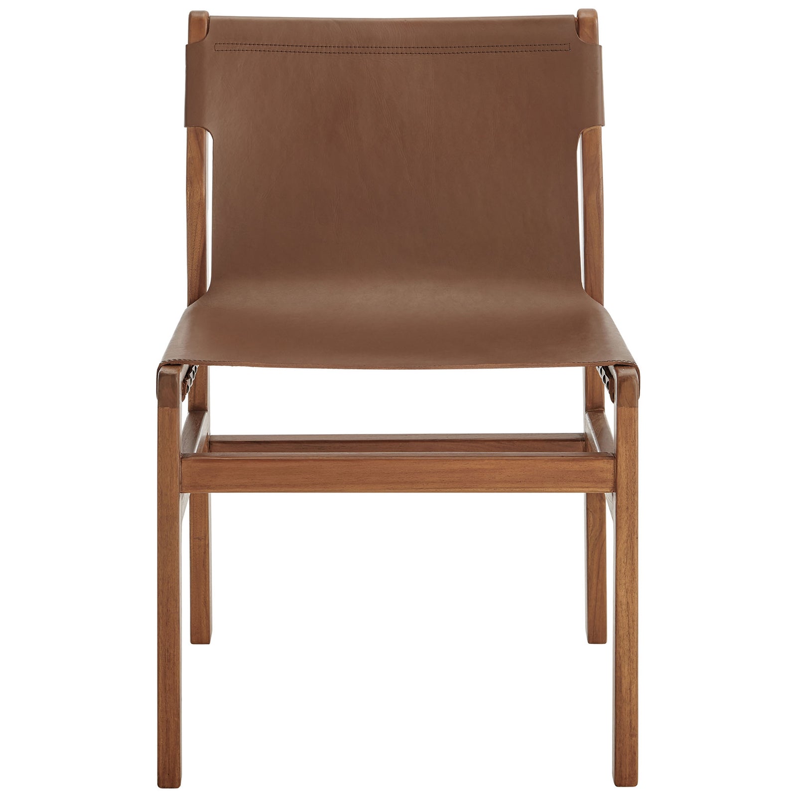 Nutmeg brown leather dining chair with solid teak frame and clean armless silhouette || EEI-7326-NUT || front_studio