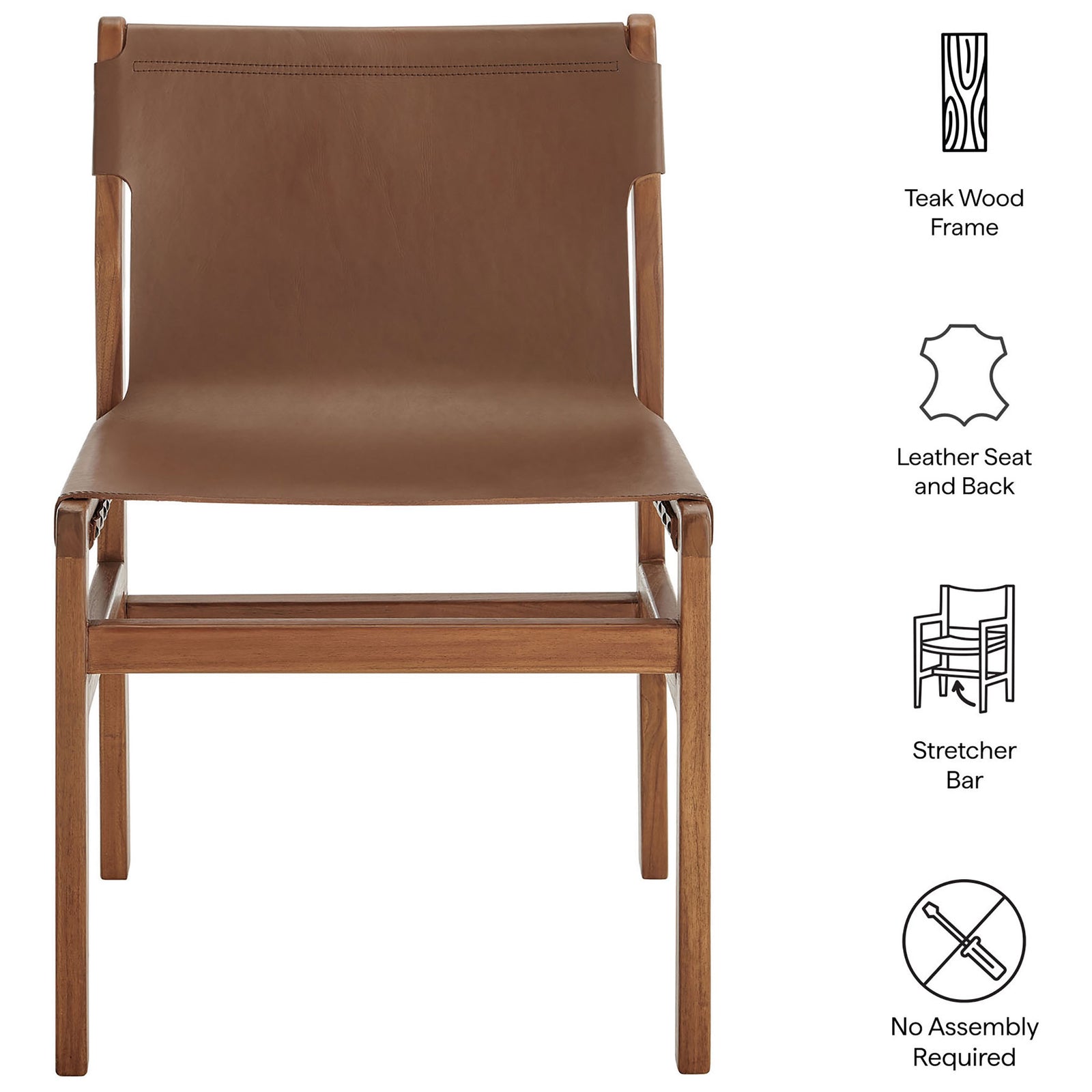 Feature graphic highlighting teak frame, leather seat and back, stretcher bar, and no assembly || EEI-7326-NUT || callout_studio