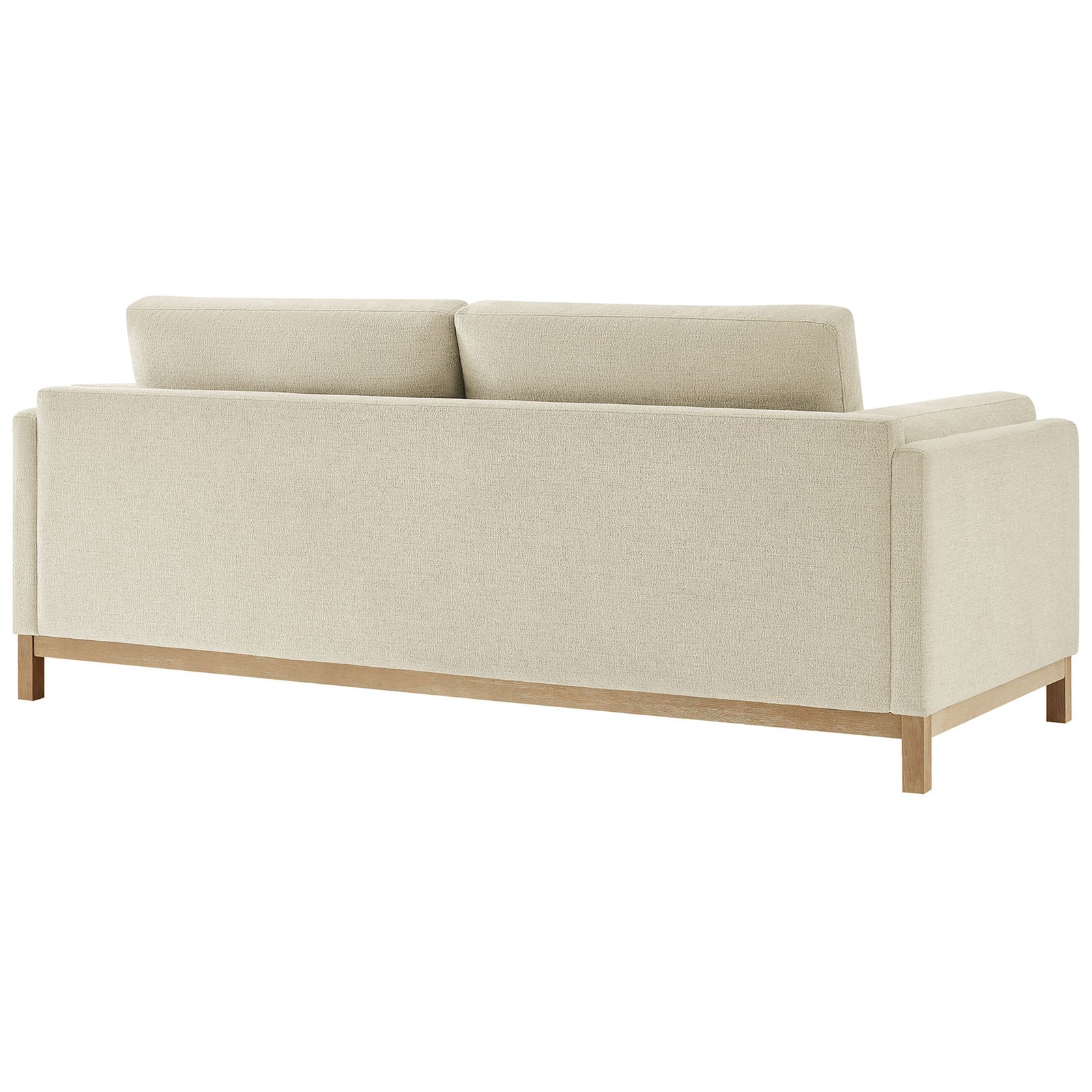 Back of the Roscoe sofa with smooth upholstered panel and continuous weathered wood base || EEI-7327-IVO || back_angle_studio