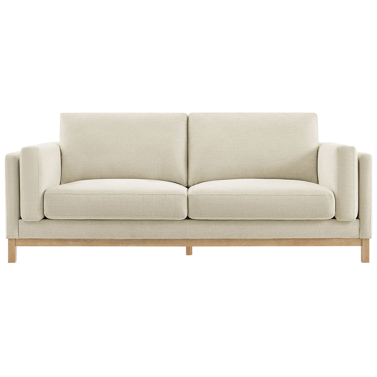 Modern ivory chenille sofa with plush deep seats and streamlined track arms on a warm wood base || EEI-7327-IVO || front_studio
