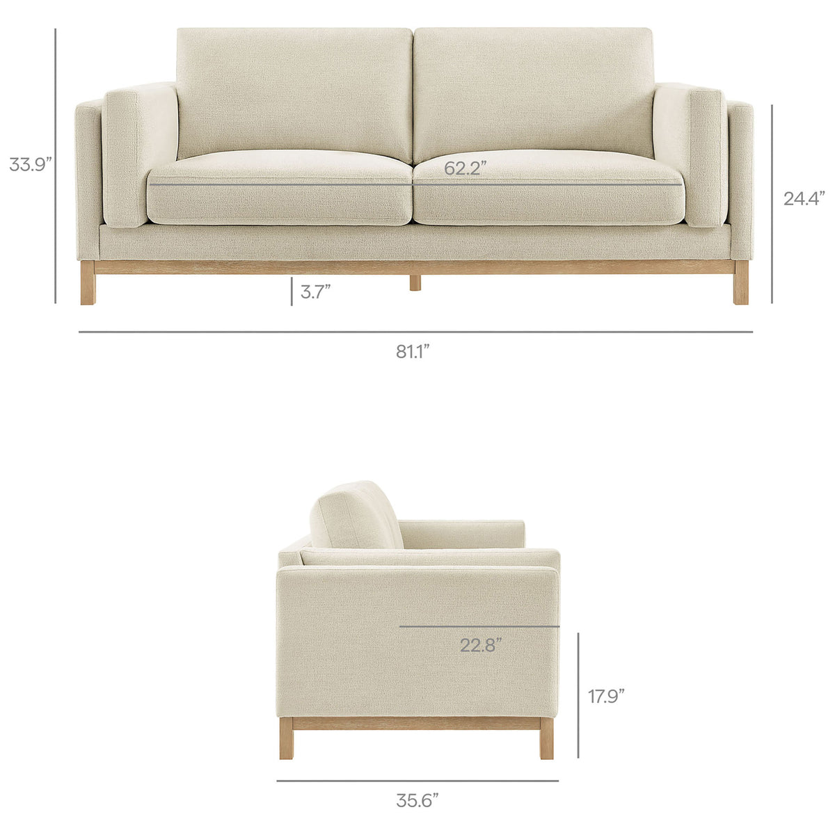 Dimension diagram of the Roscoe sofa with measurements for overall width, depth, height, and seat size || EEI-7327-IVO || dimension_studio