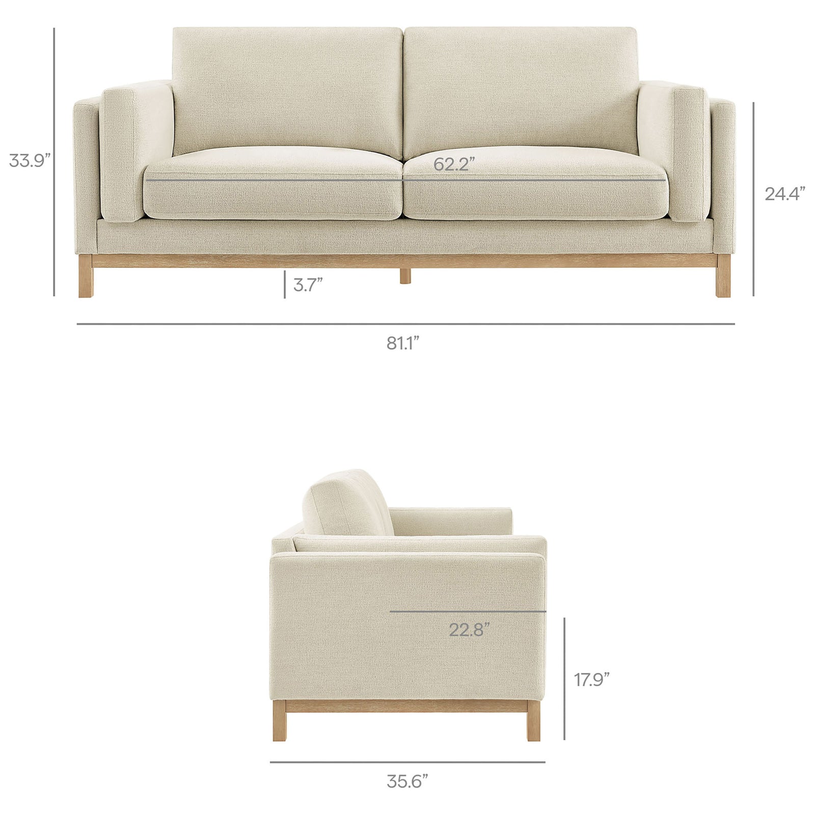 Dimension diagram of the Roscoe sofa with measurements for overall width, depth, height, and seat size || EEI-7327-IVO || dimension_studio