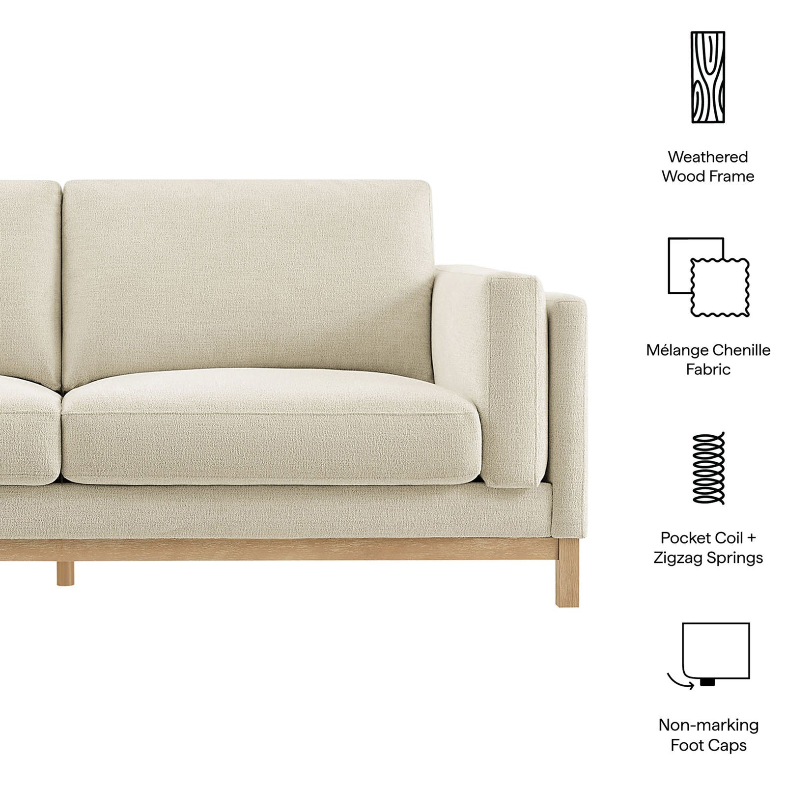 Feature graphic for the Roscoe sofa showing wood frame, chenille fabric, springs, and non marking foot caps || EEI-7327-IVO || callout_studio