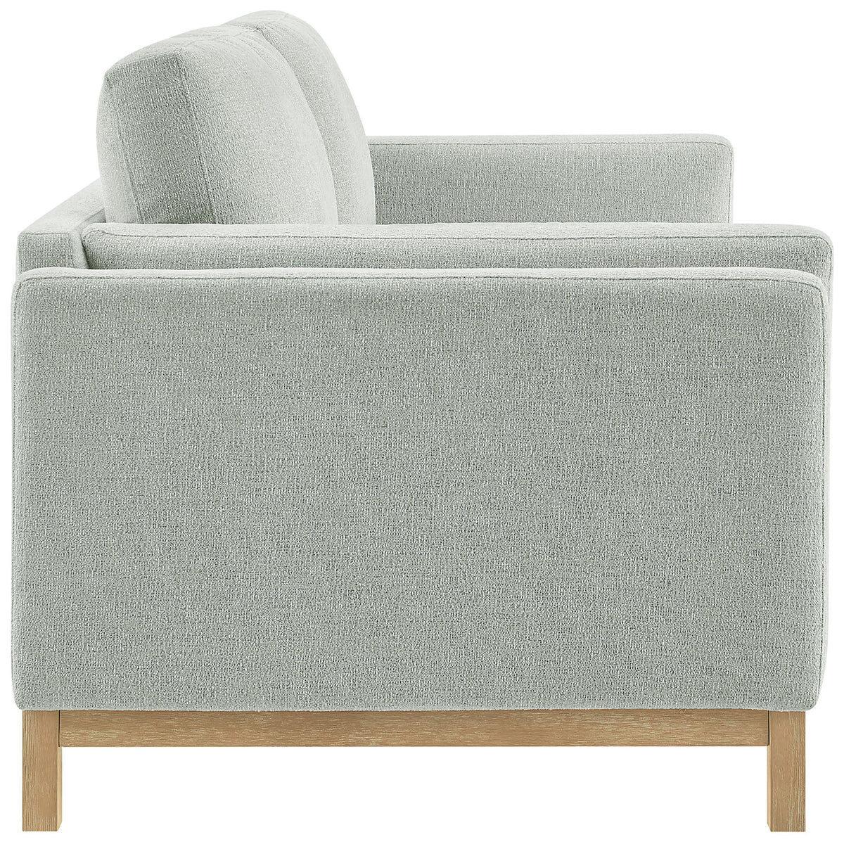 Streamlined track-arm side of the Roscoe mist sofa with thick seat and back cushions || EEI-7327-MST || side_studio