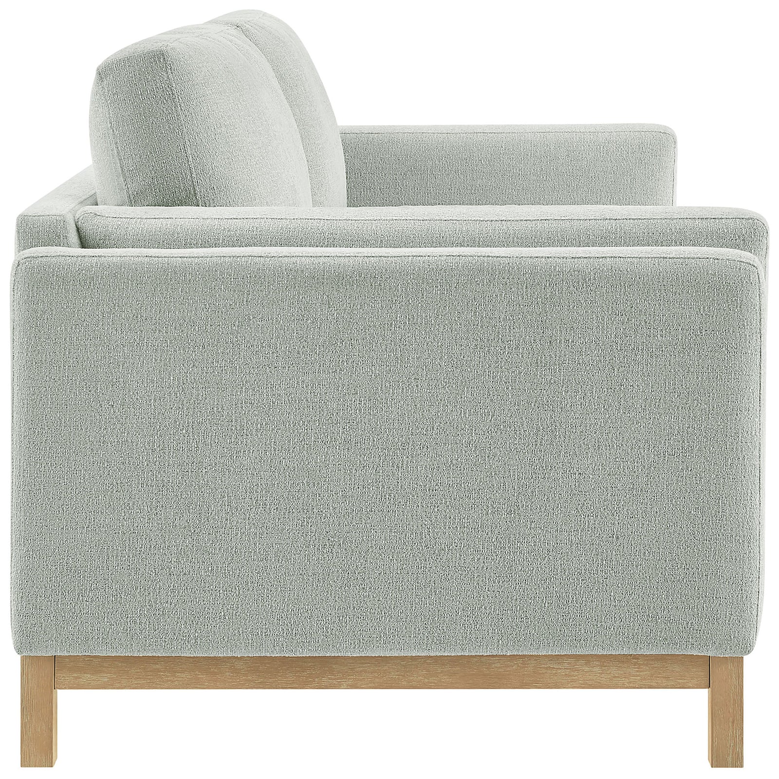 Streamlined track-arm side of the Roscoe mist sofa with thick seat and back cushions || EEI-7327-MST || side_studio