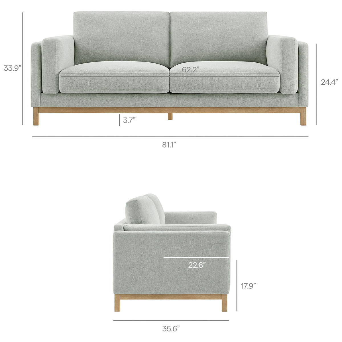Roscoe 81 inch mist sofa with labeled overall, seat, arm, and leg dimensions for precise fit || EEI-7327-MST || dimension_studio