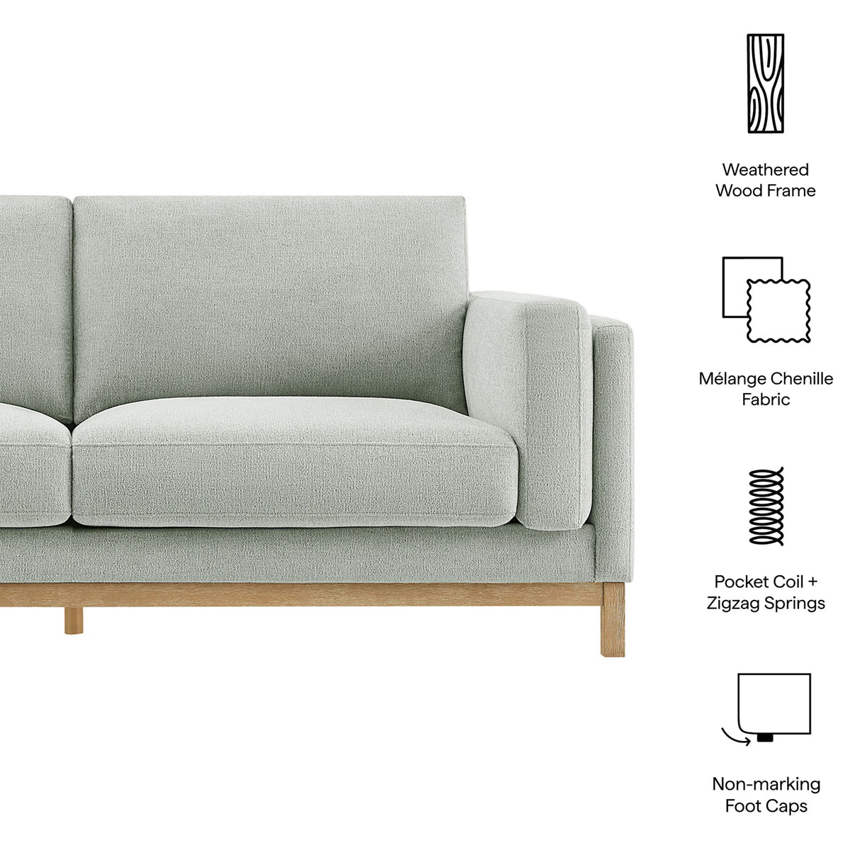Roscoe mist sofa highlighting melange chenille, weathered wood frame, pocket coils, and non-marking feet || EEI-7327-MST || callout_studio