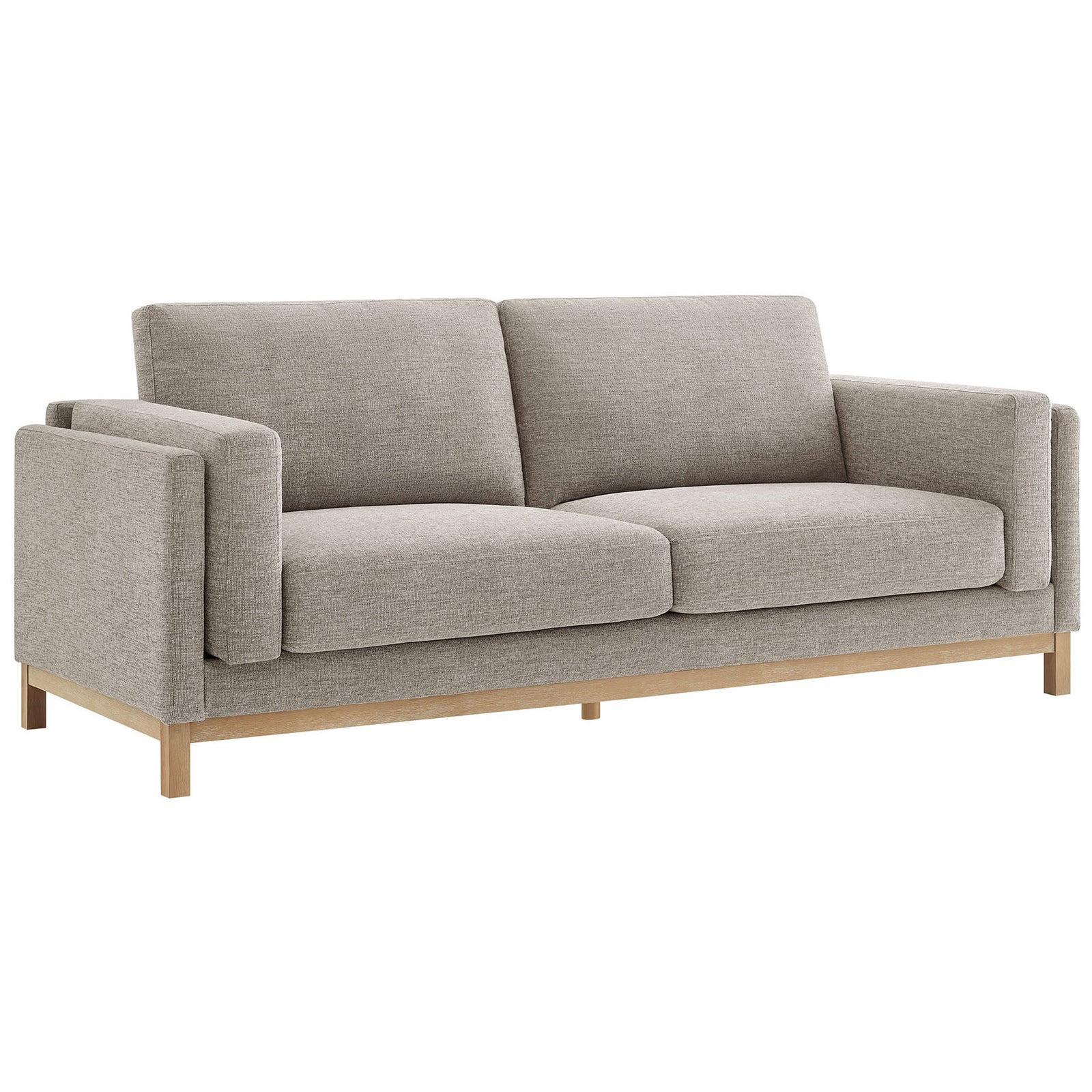 Pewter chenille sofa with deep cushions and a low profile perched on a weathered wood base || EEI-7327-PEW || front_angle_studio
