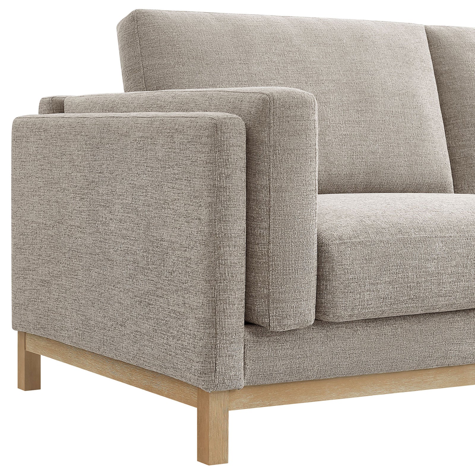 Roscoe sofa arm detail with plush cushions, crisp tailoring, and a warm wood base || EEI-7327-PEW || detail_studio