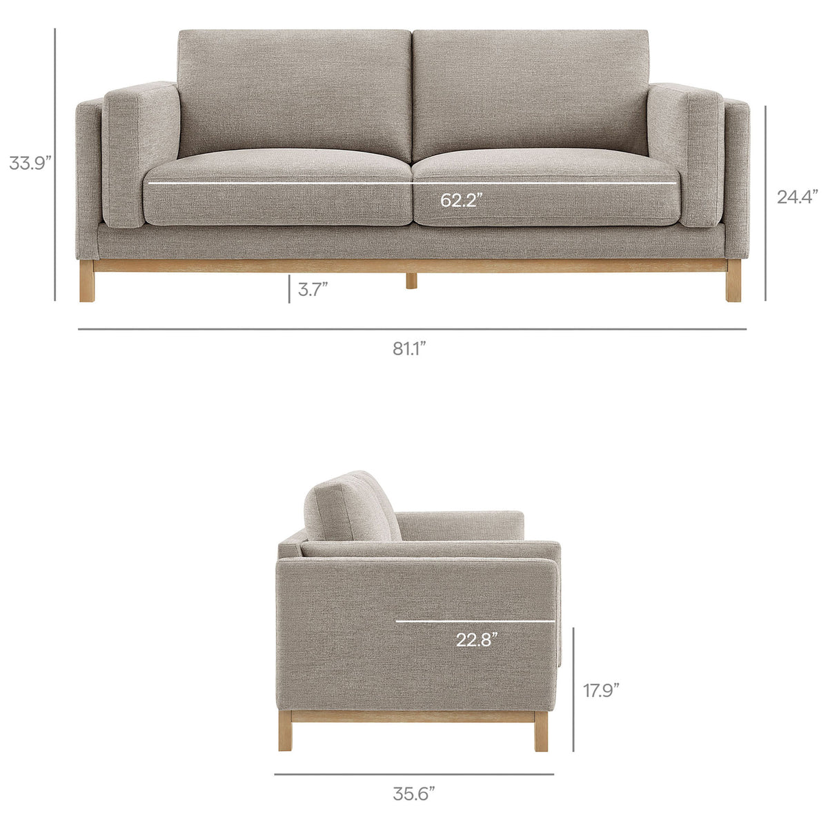 Roscoe 81 inch pewter sofa with annotated front and side dimensions for overall size reference || EEI-7327-PEW || dimension_studio