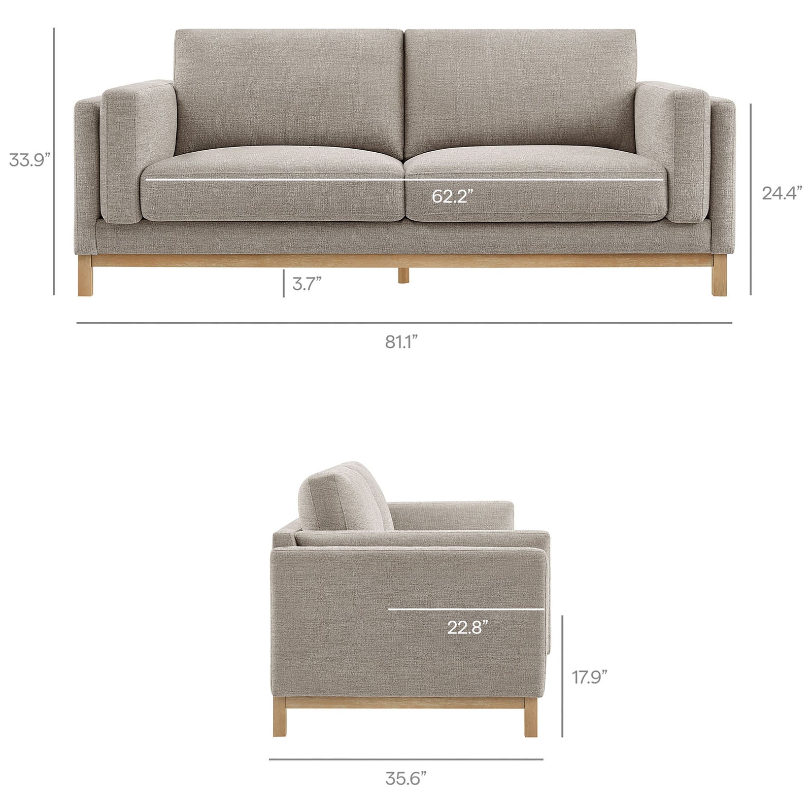 Roscoe 81 inch pewter sofa with annotated front and side dimensions for overall size reference || EEI-7327-PEW || dimension_studio