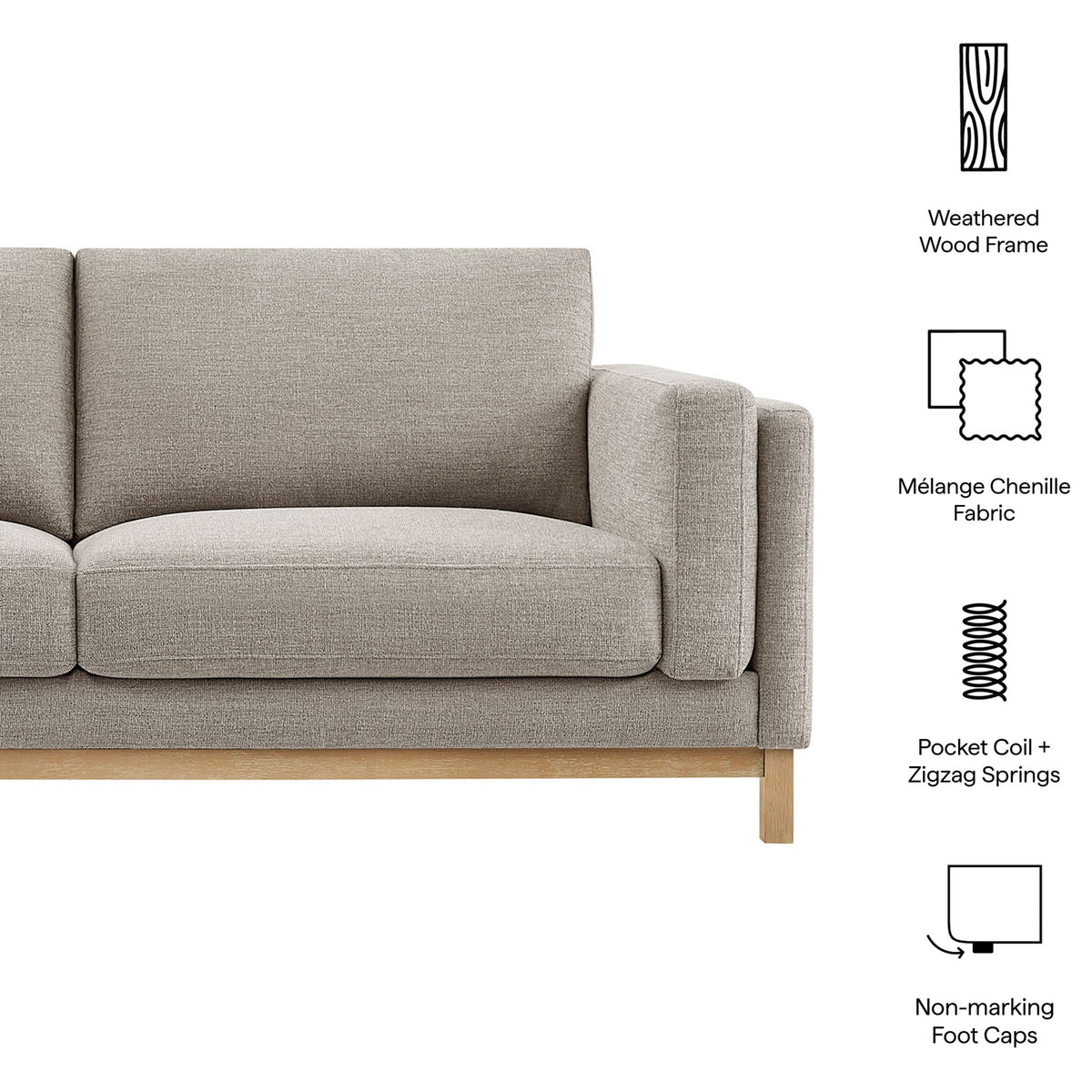 Roscoe pewter sofa with feature callouts highlighting wood frame, chenille fabric, coils, and foot caps || EEI-7327-PEW || callout_studio