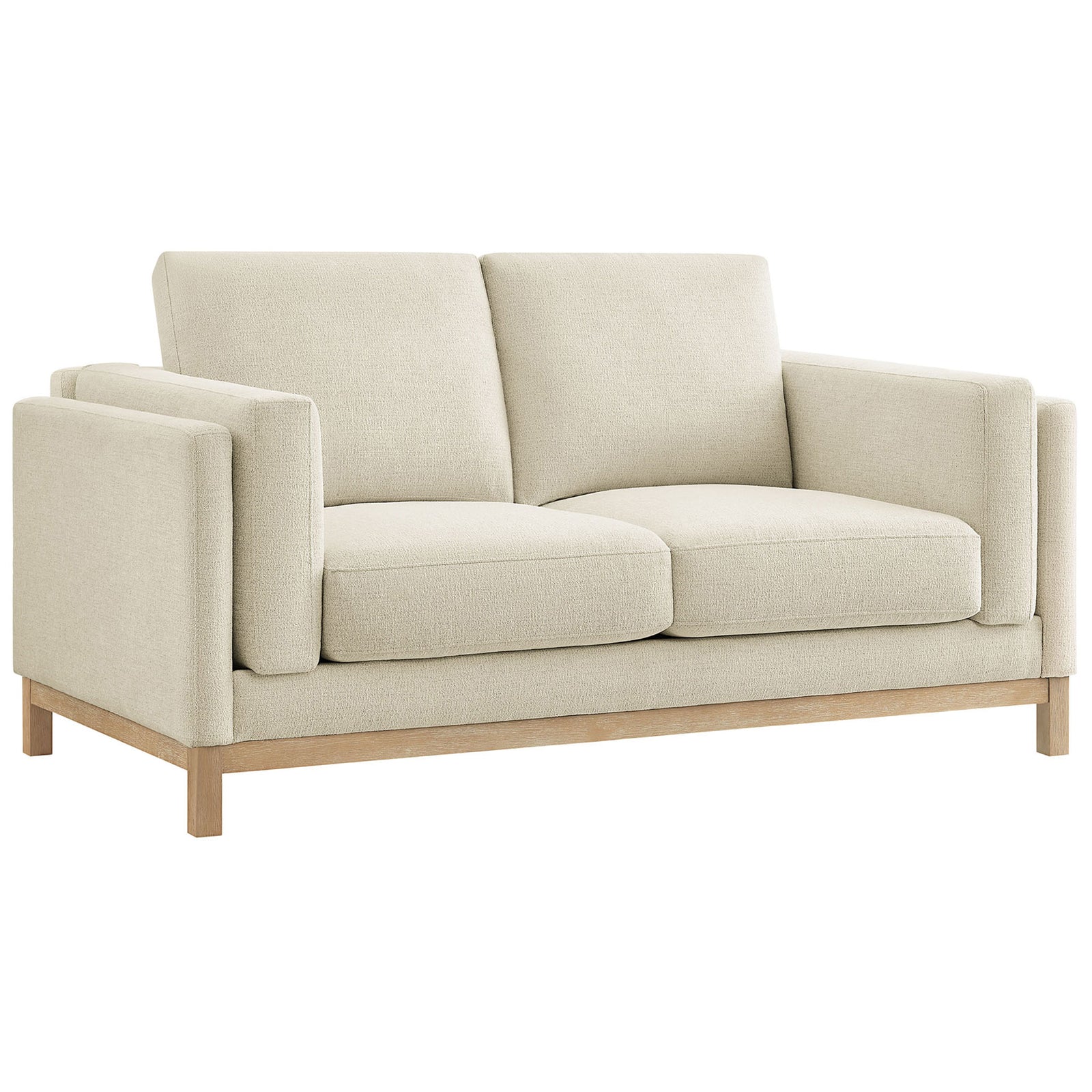 Ivory loveseat in soft melange chenille with deep seating and slim track arms. || EEI-7328-IVO || front_angle_studio