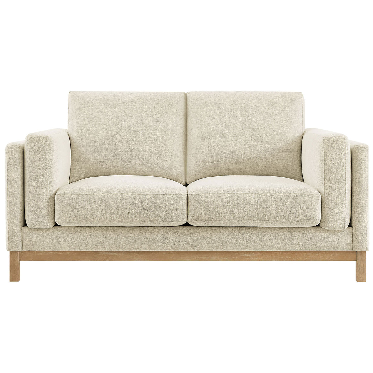 Ivory chenille loveseat with generous seat cushions and a warm weathered wood base. || EEI-7328-IVO || front_studio