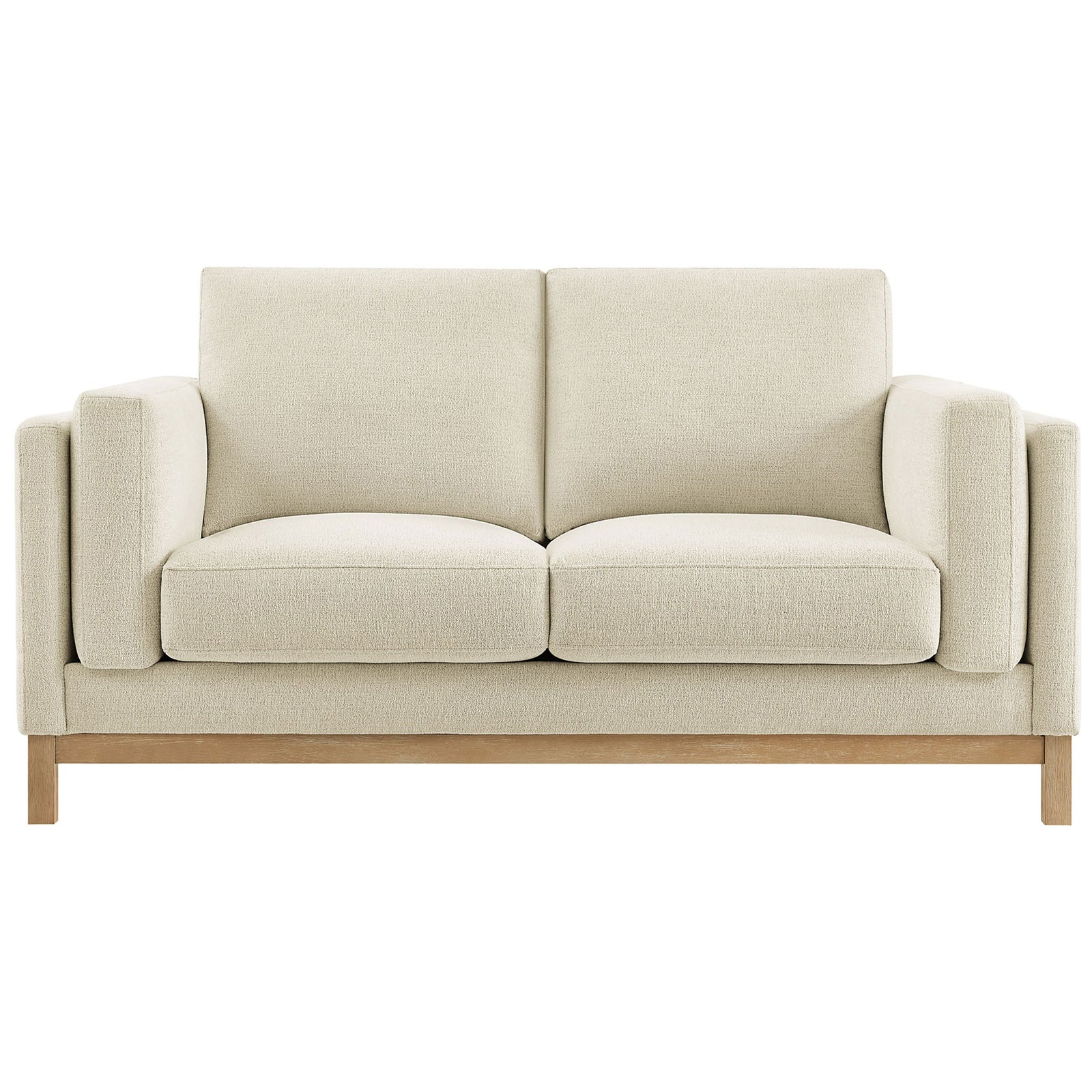 Ivory chenille loveseat with generous seat cushions and a warm weathered wood base. || EEI-7328-IVO || front_studio